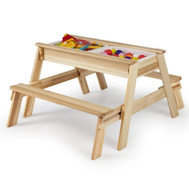 4-in-1 Wooden Table & Bench Set with Removable Top and Two Storage Boxes