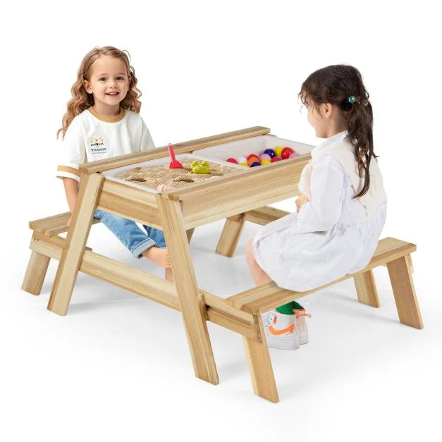 4-in-1 Wooden Table & Bench Set with Removable Top and Two Storage Boxes