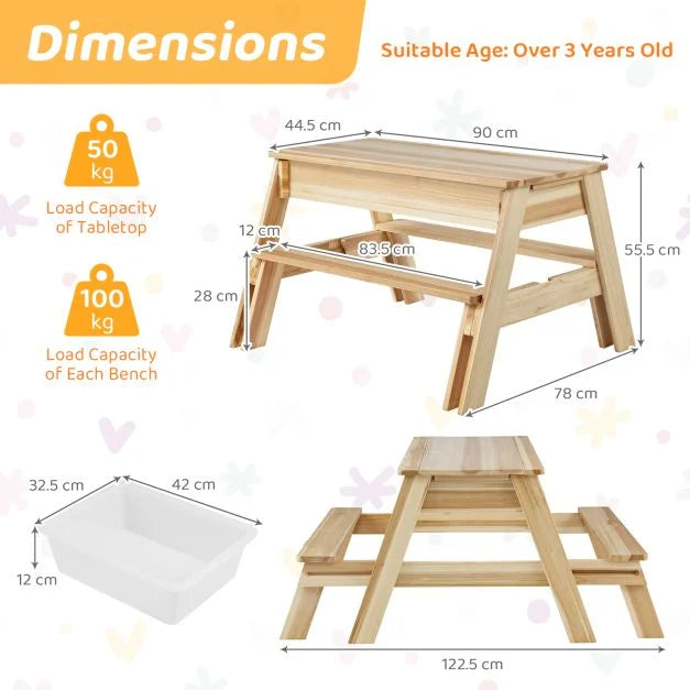 4-in-1 Wooden Table & Bench Set with Removable Top and Two Storage Boxes