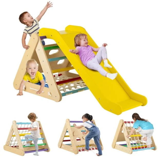 4-in-1 Toddler Wooden Triangle Climber with Ramp & Slide Board