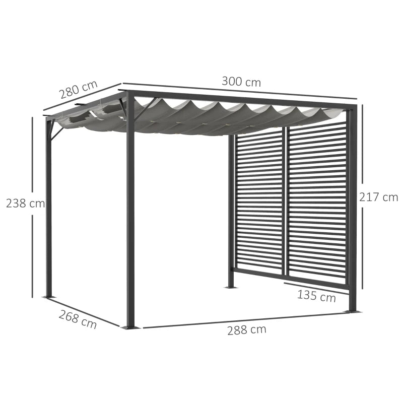 Grey Metal Pergola 3 x 2.8m with Retractable Roof – Weather-Resistant Outdoor Cover