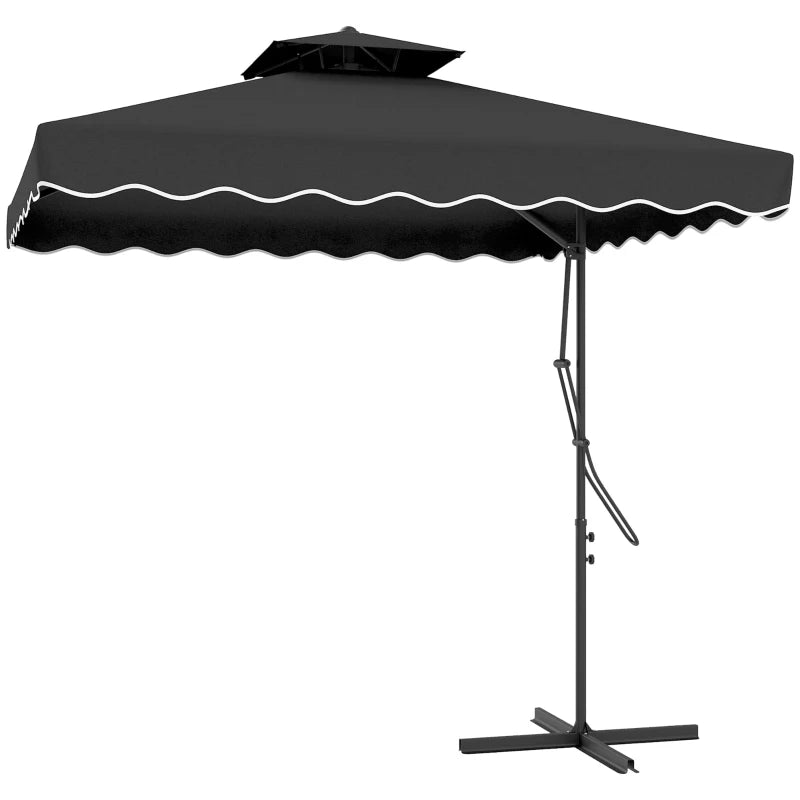 Overhanging black cantilever parasol with double top, ruffles, and easy lever – 2.5m