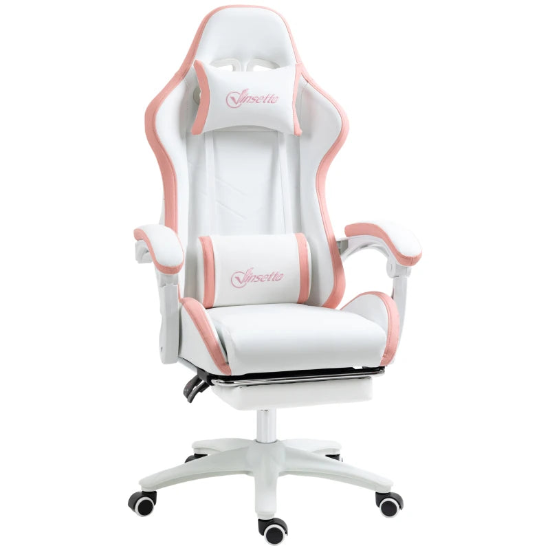 White & Pink PU Leather Gaming Chair with Footrest