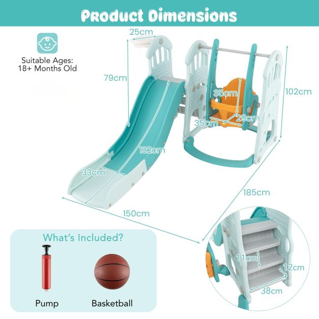 3-in-1 Toddler Slide and Swing Set with Basketball Hoop, Outdoor Play Activity