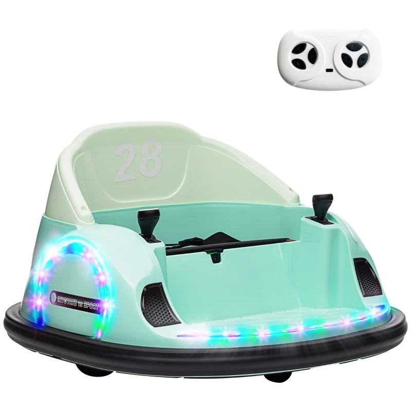 Dual Joystick Kids Bumper Car, 360° Spin, Remote, Music & Lights – Green 12V