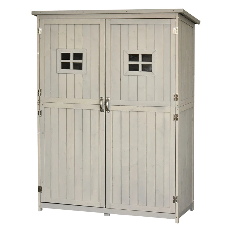 Wooden Garden Storage Shed with Double Doors, 2 Windows – Outdoor Tool Cabinet, Grey