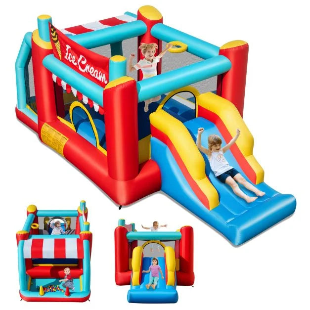 Ice Cream Theme 5-in-1 Inflatable Bounce House with Hoop, Slide and Ball Pit
