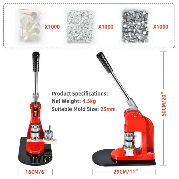25mm Badge Maker Pin Button Machine with 1000 Cutter Kit Pieces