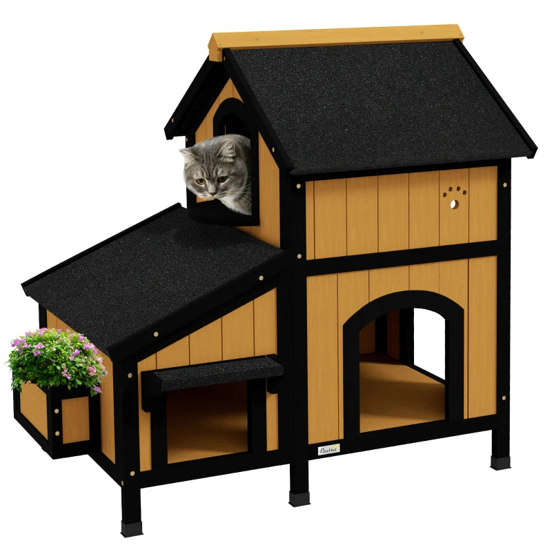 Wooden Cat House with Multiple Entrances & Flower Pot