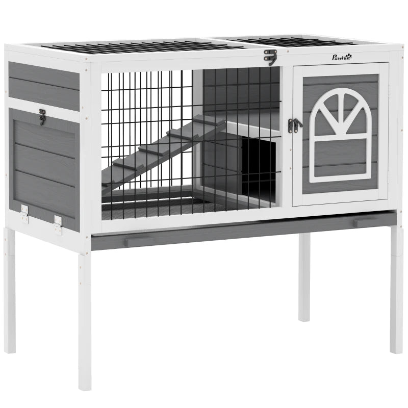 Wooden Rabbit Hutch with Roof & Tray – Grey