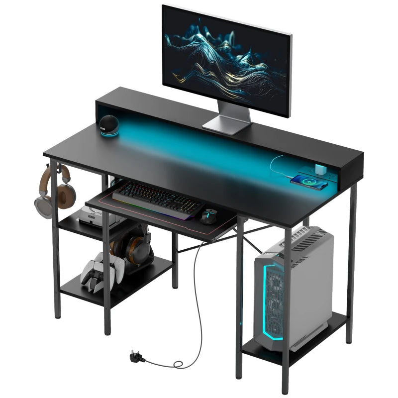 Black Gaming Desk with Sliding Tray & Storage Shelves