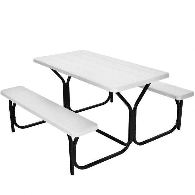 Durable Picnic Table Set with Wood Seats and Metal Frame