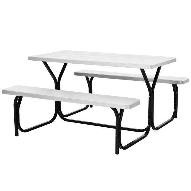 Durable Picnic Table Set with Wood Seats and Metal Frame