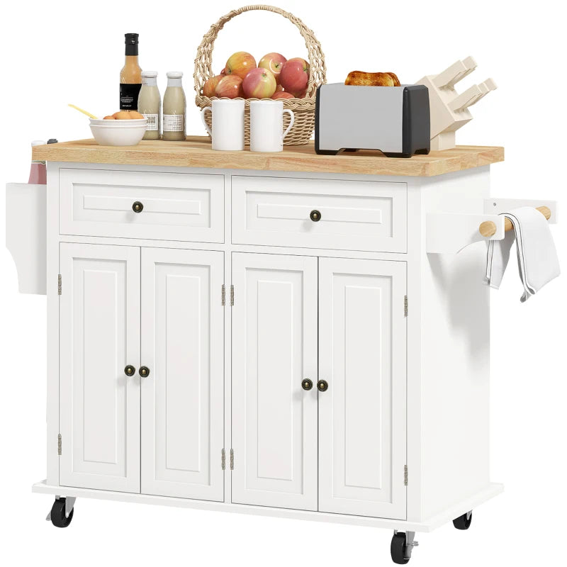 Rolling Kitchen Cart – Cream White, Wood Top, Drawers for Storage