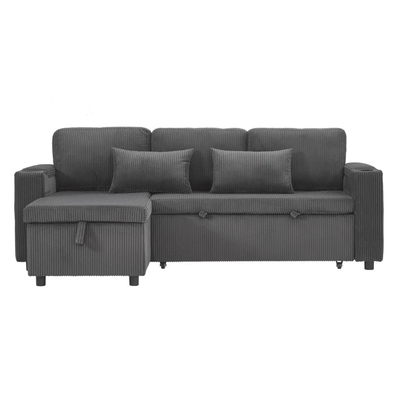 3-in-1 Convertible Corduroy Sofa Bed w/ Chaise & Charger – Grey