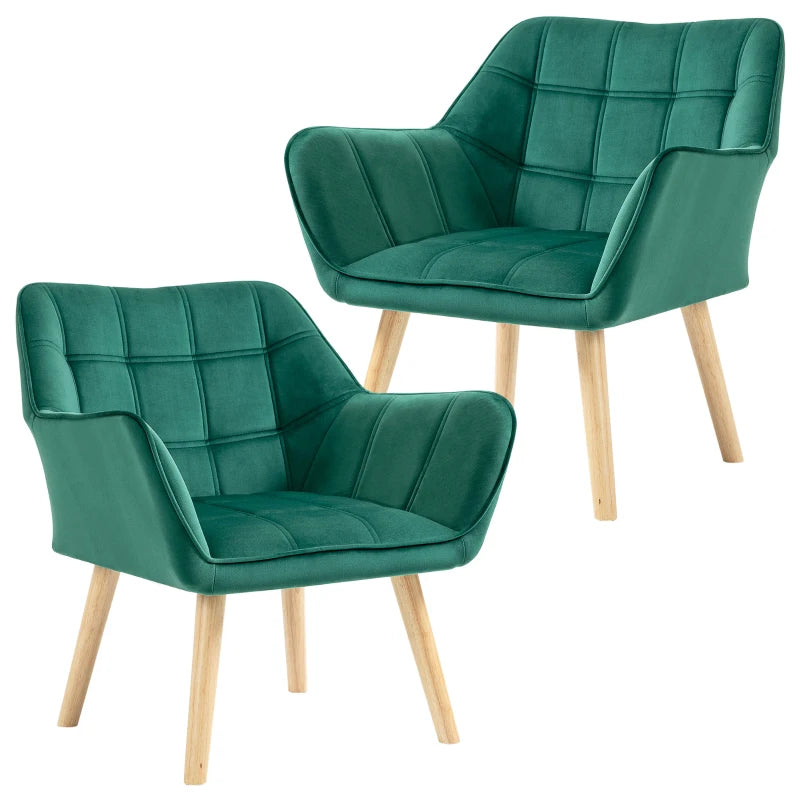 Green Accent Armchair Set of 2, Wide Arms & Wooden Legs for Bedroom