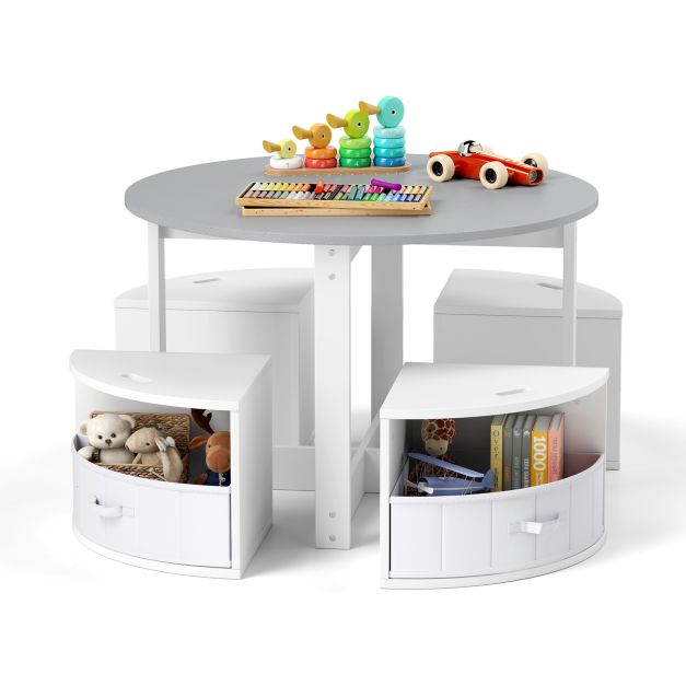 Round Kids Table with 4 Chairs and Built-In Fabric Storage Drawers
