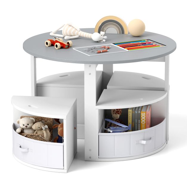 Round Kids Table with 4 Chairs and Built-In Fabric Storage Drawers