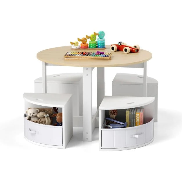 Round Kids Table with 4 Chairs and Built-In Fabric Storage Drawers