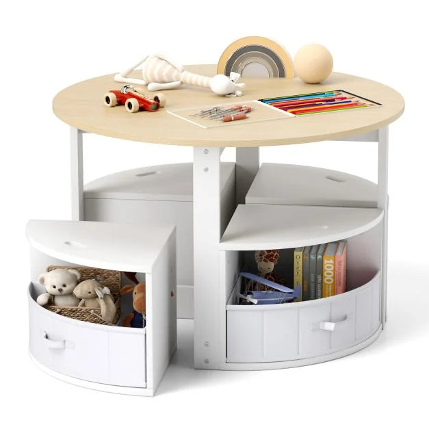 Round Kids Table with 4 Chairs and Built-In Fabric Storage Drawers