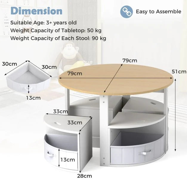 Round Kids Table with 4 Chairs and Built-In Fabric Storage Drawers