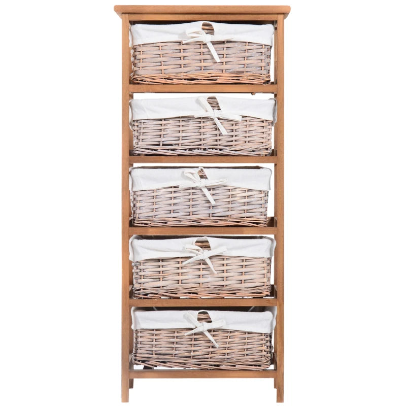 Natural Finish 5-Drawer Cabinet – Wicker Storage, Wooden Frame