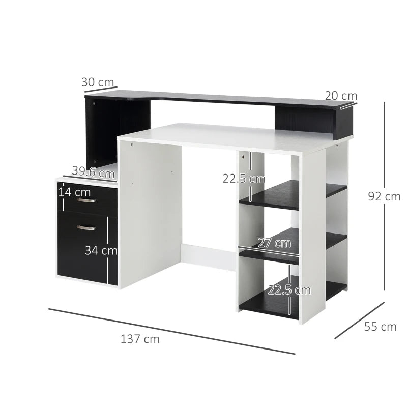 Black & White Computer Desk with Drawers & Storage Shelves – 137x55cm
