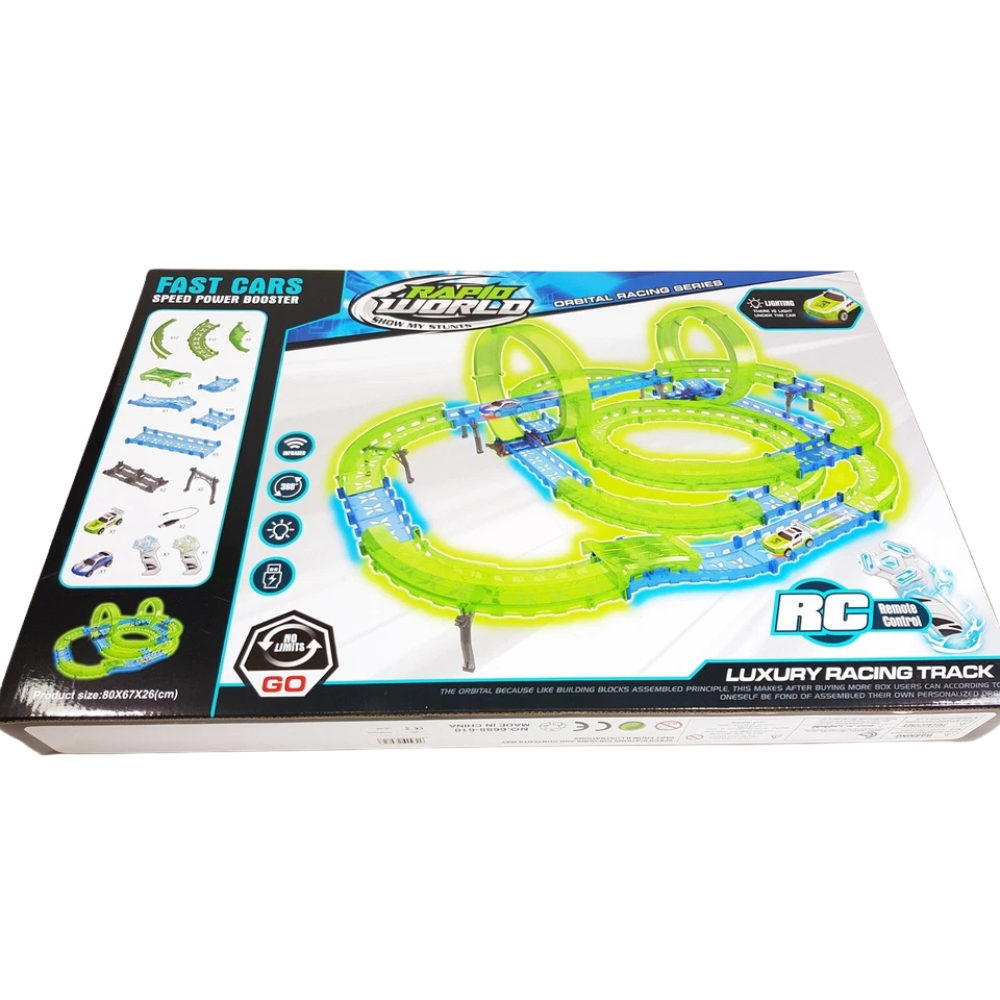 Glow in the Dark Racing Track Set 65 Piece Rc 2 Player Slot Cars Loops Stunts Kids Gift 6+
