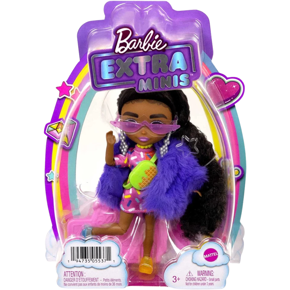 Barbie Extra Minis Doll 5.5in Sprinkle Dress Furry Purple Coat Accessories Fashion Toy 3+