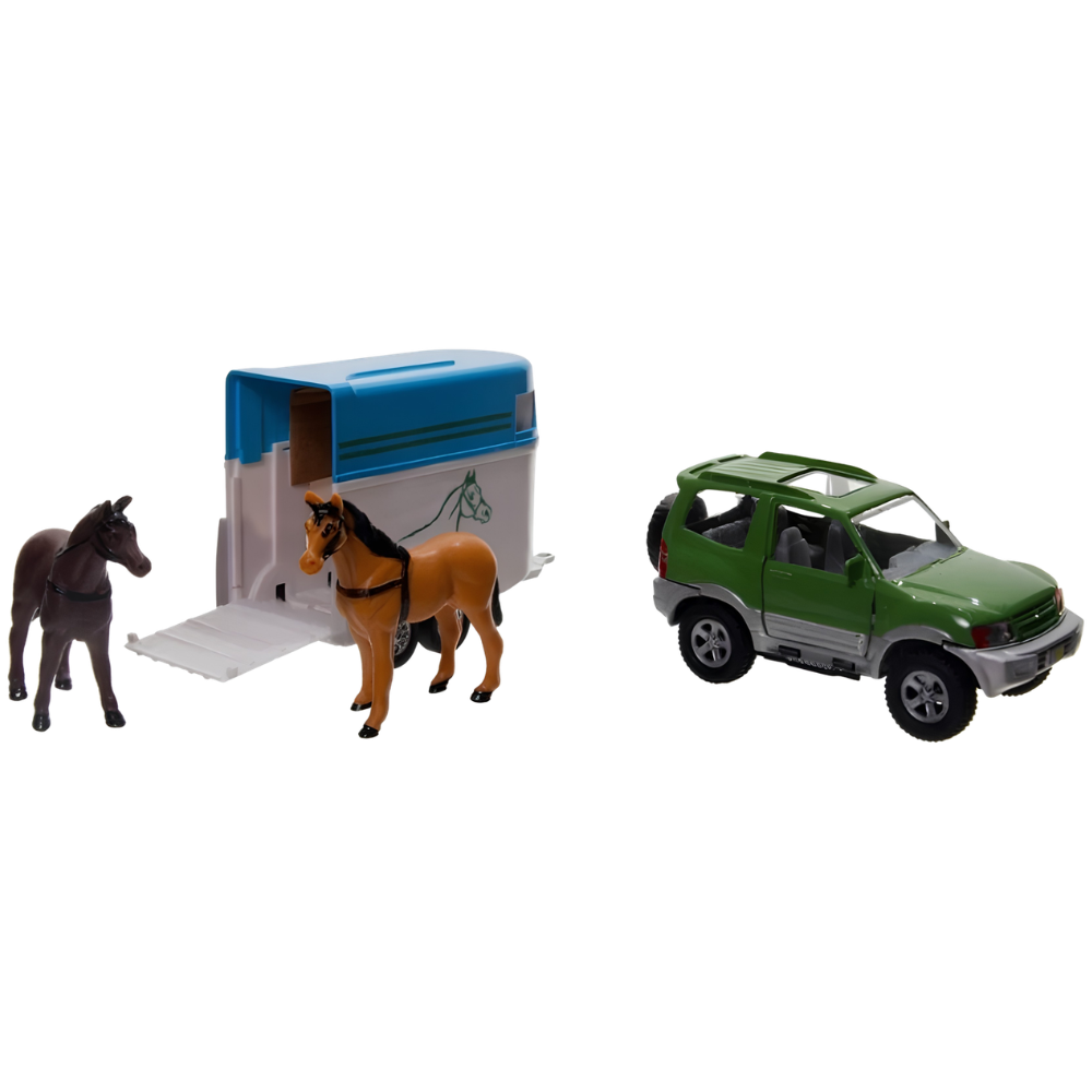 Mitsubishi Pajero Diecast Car Toy with Horse Trailer and 2 Horses Pull Back 1:32