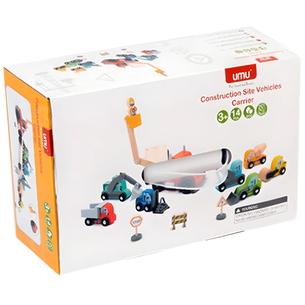 RLS 14-Piece Wooden Construction Vehicle Toy Set with Transport Truck, Digger and Road Signs