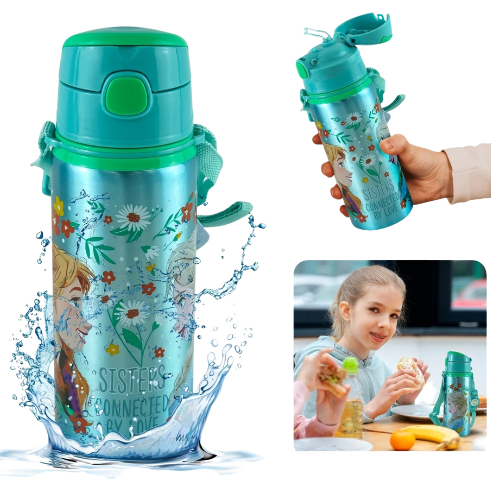 Back to School Kids Aluminium Flask 600ml Push Button Hot Cold Water Bottle
