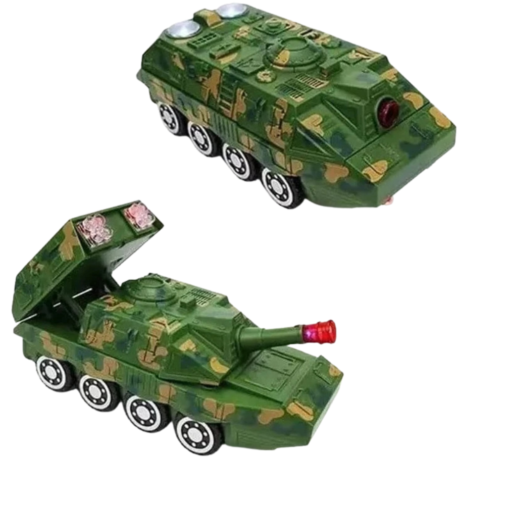 Pebble Hug Mini Military Tank Toy Car with Lights Movable Rocket Sounds for Kids