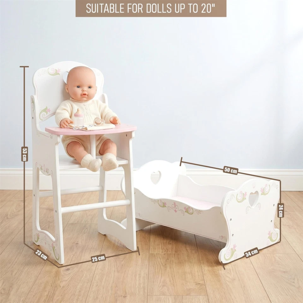 Baby Doll High Chair & Rocking Cradle Wooden Furniture Accessory Set for Bibi Doll Pretend