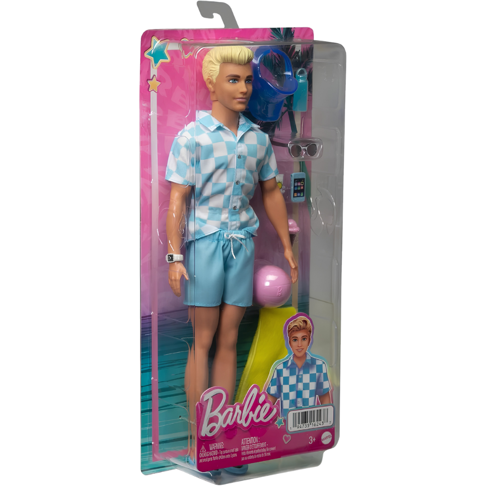 Barbie Ken Beach Doll Blonde Hair Blue Shirt Swim Trunks Accessories Towel Toy 3+