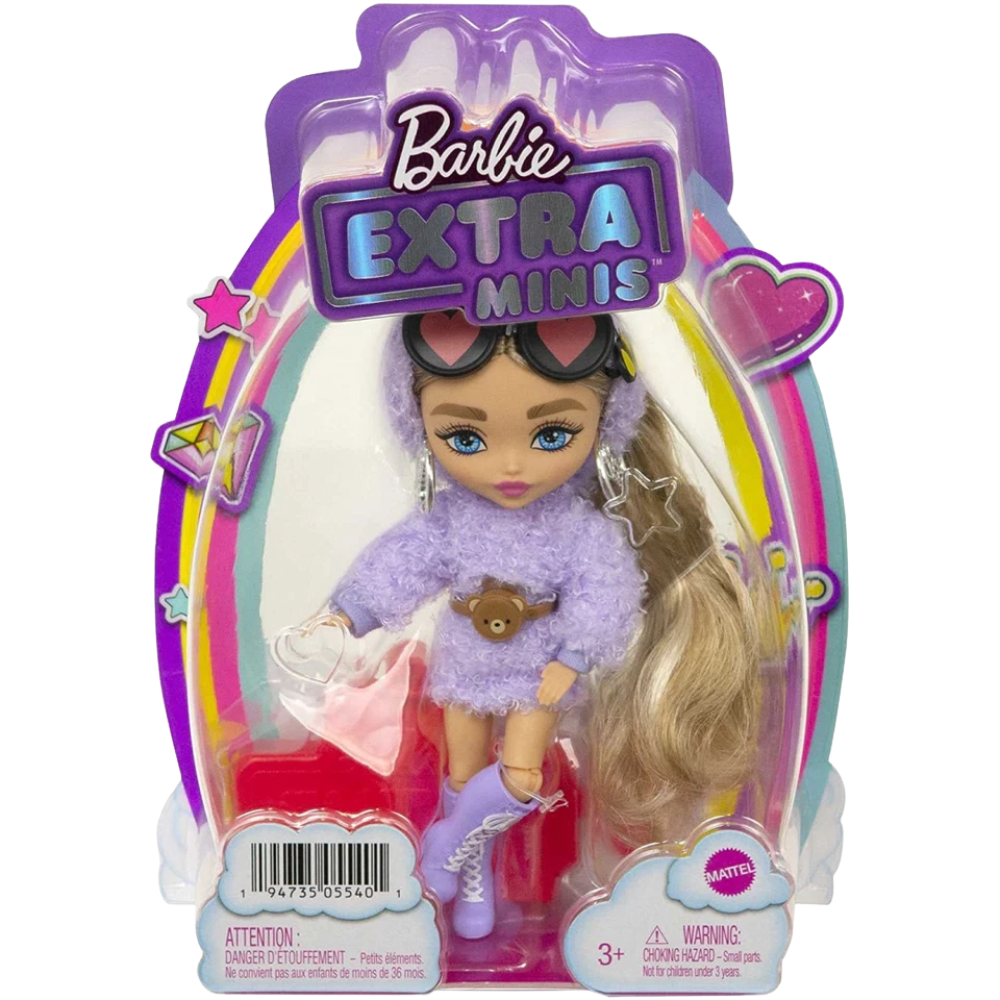 Barbie Extra Minis Doll 5.5 Inch Fluffy Purple Fashion Outfit with Doll Stand Toy