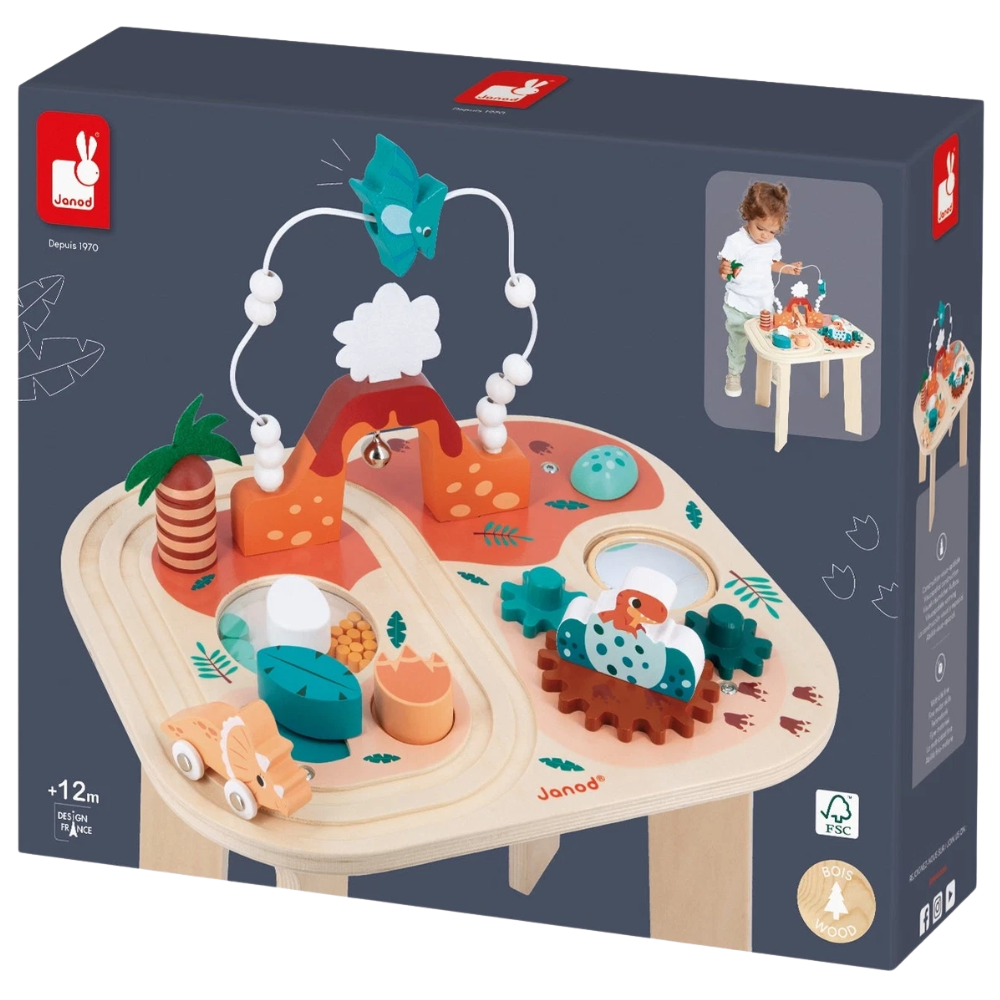 Janod Dino Wooden Activity Table for Toddlers 12 Months+, Dinosaur Educational Play Centre