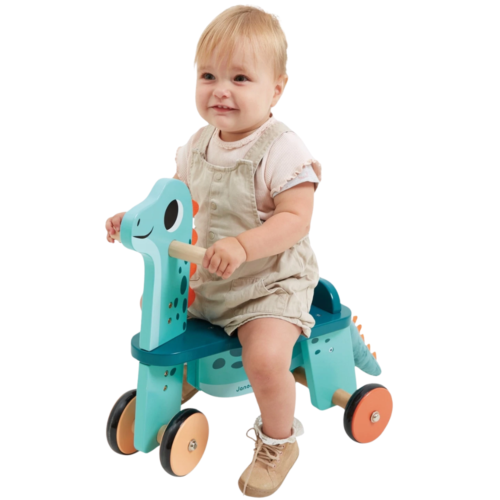 Janod Dino Portosaurus Wooden Ride-On Toy for Toddlers 12 Months+, 4-Wheel Dinosaur