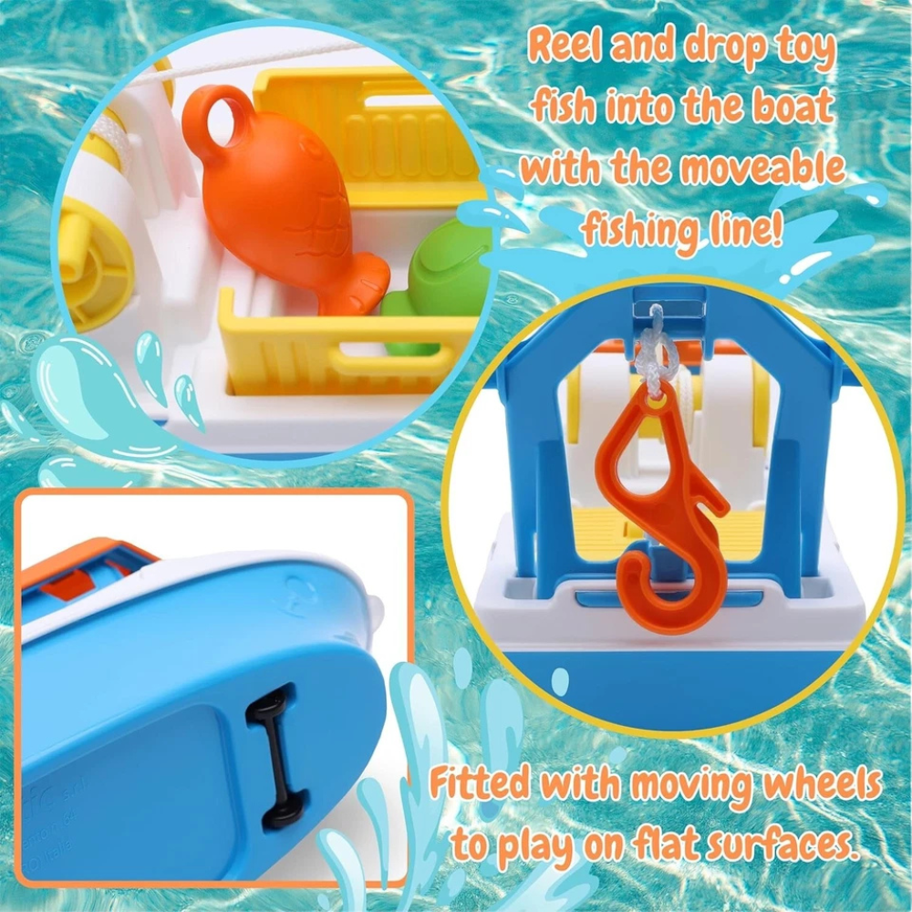 Toyland 40cm Colourful Fishing Boat Bath Water Toy with 4 Fish, Hook & Moving Doors Wheels