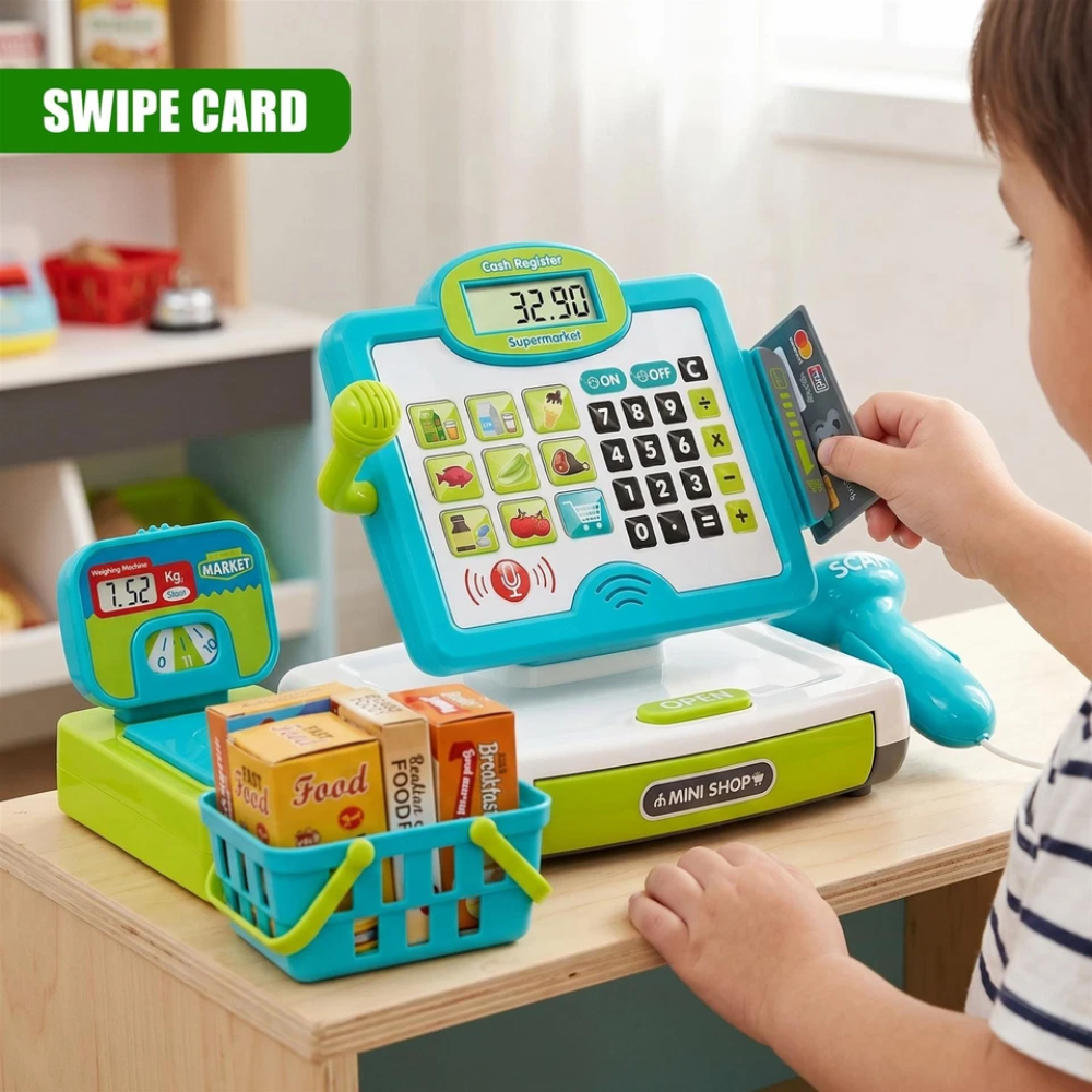 Kids Electronic Cash Register Toy with Lights & Sounds Supermarket Till & Play Food Set