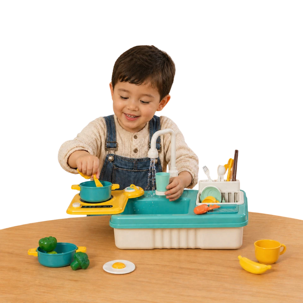 2in1 Play Sink with Running Water & Cooking Stove 32pcs Pretend Kitchen Set for Kids Toy