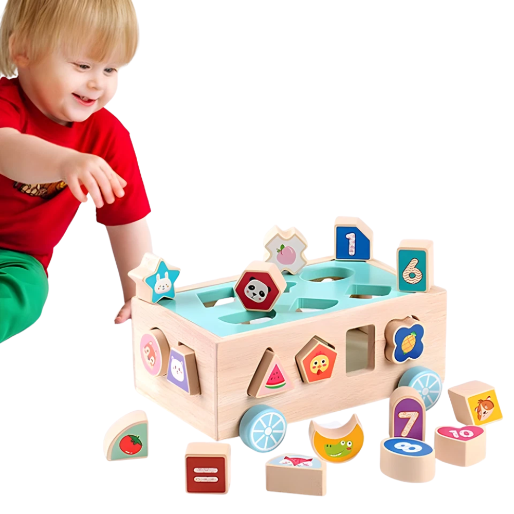 Wooden Pull-Along Matching Car Toy with 18-Hole Intelligence Box, Early Learning Game