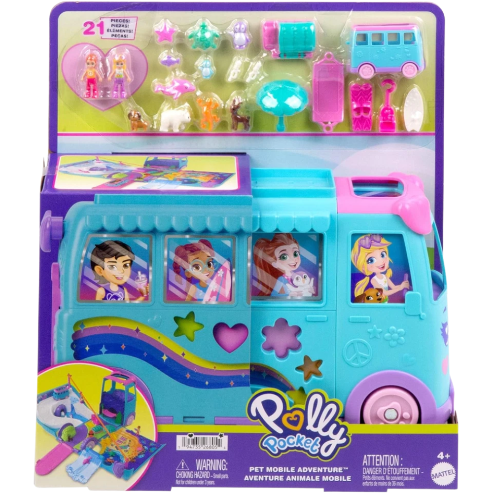 Polly Pocket Pet Mobile Adventure Playset with 2 Dolls 21 Accessories Kids Toy