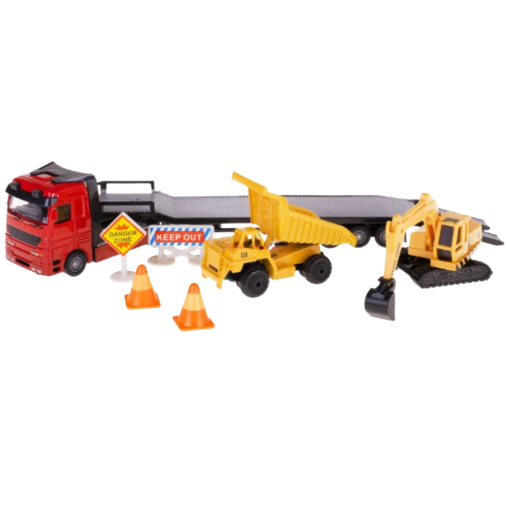 Hipo Diecast Transporter Truck with Excavator and Dump Truck Construction Toy Set 1:64 Scale