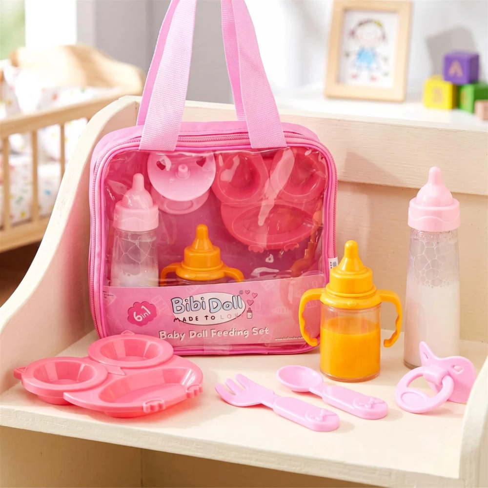 6 Pcs Baby Doll Feeding Set with Magic Milk Bottle Pink Carry Bag & Doll Accessories