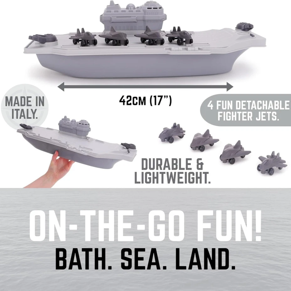 Toyland Aircraft Carrier Military Playset with 4 Detachable Fighter Jets, Floating Water Toy, Grey