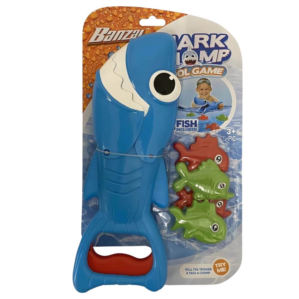 Banzai Shark Grabber Blue Bath Toy with Biting Action and 4 Floating Fish for Kids Aged 3+