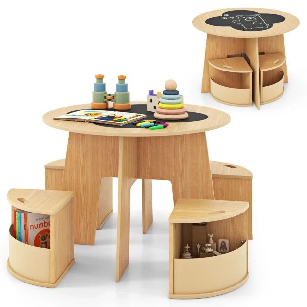 Kids 5-Piece Table and Chair Set with Blackboard Writing Surface