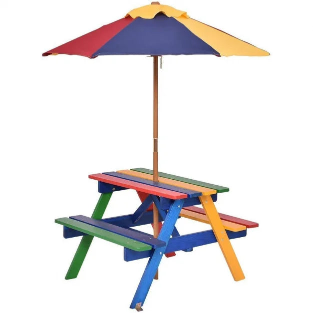 Kids Picnic Bench with Wooden Table and Parasol Cover