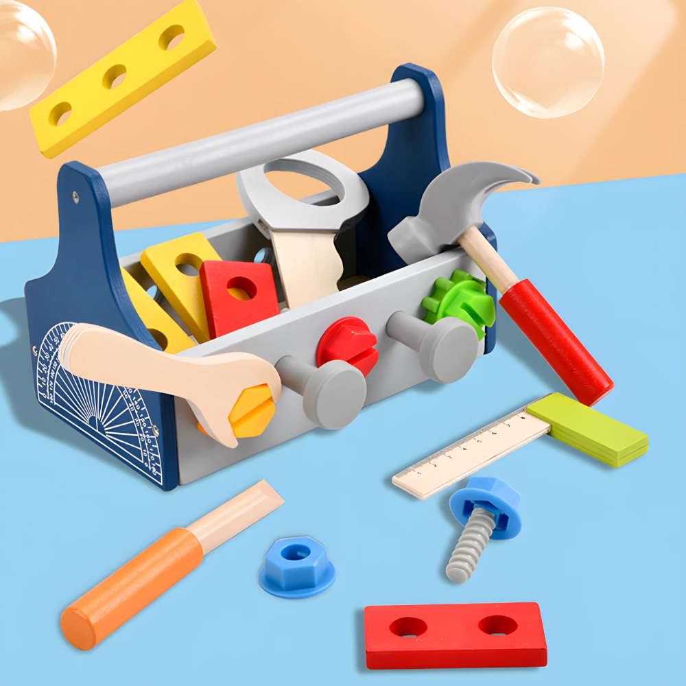 21-Piece Wooden Toolbox Toy Set for Children with Pretend Play Hammer, Spanner and Screwdriver